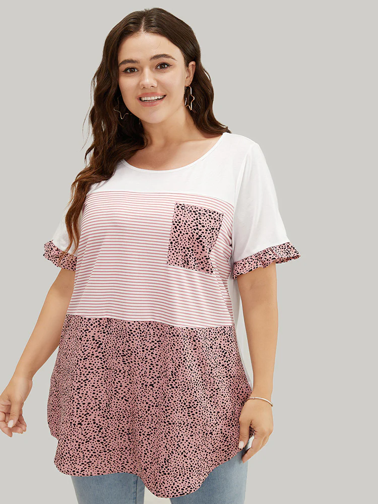 Leopard & Striped Contrast Ruffle Sleeve Pocket T-shirt - Image 2