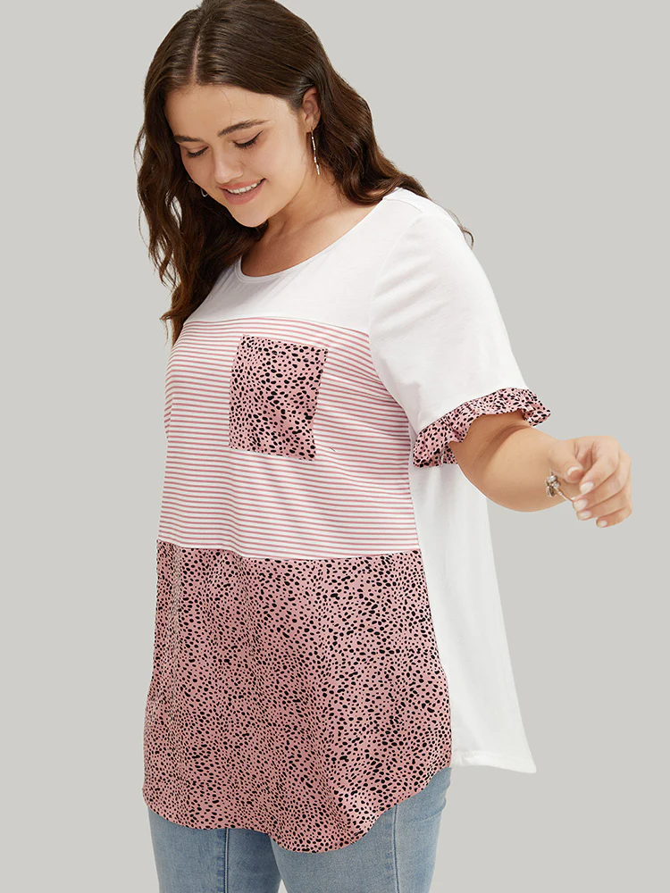 Leopard & Striped Contrast Ruffle Sleeve Pocket T-shirt - Image 3