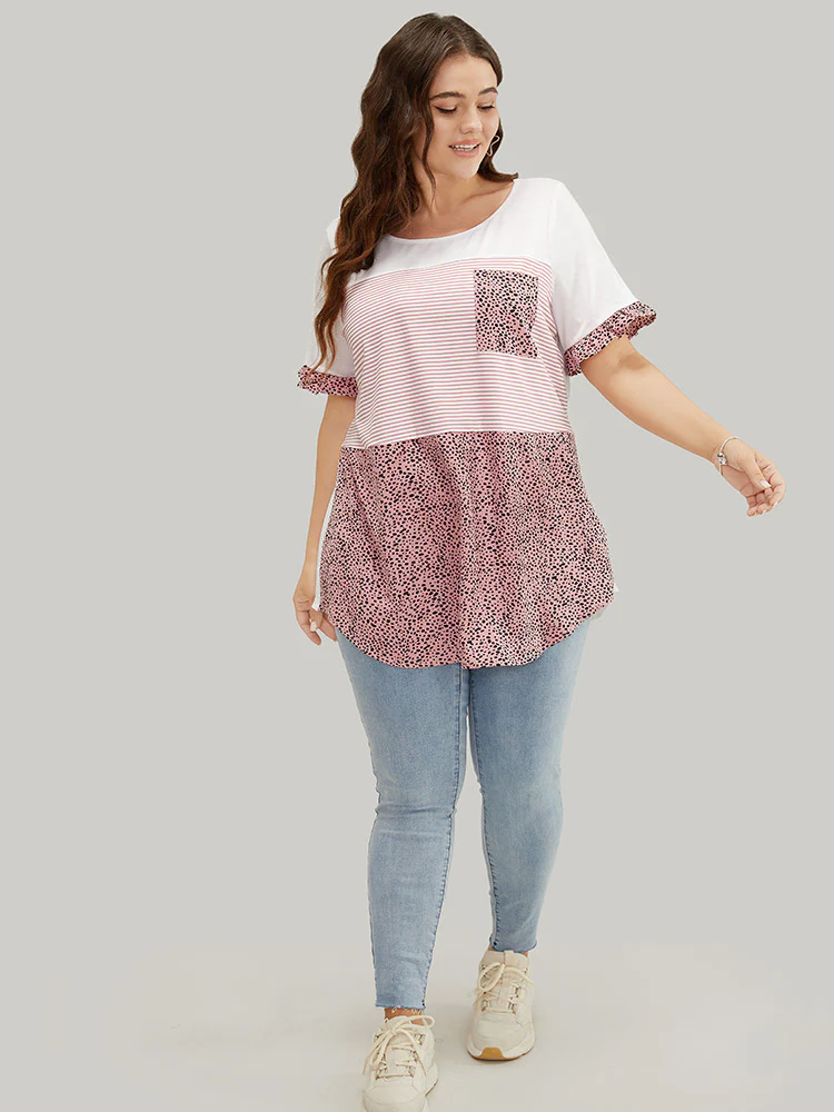 Leopard & Striped Contrast Ruffle Sleeve Pocket T-shirt - Image 4