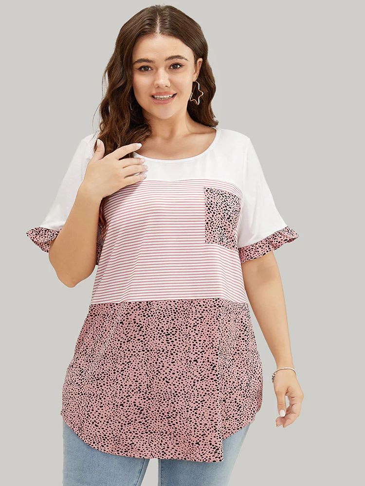 Leopard & Striped Contrast Ruffle Sleeve Pocket T-shirt - Image 5