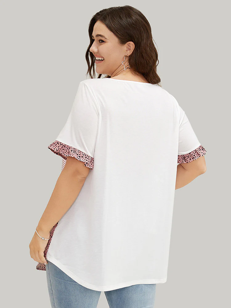 Leopard & Striped Contrast Ruffle Sleeve Pocket T-shirt - Image 6