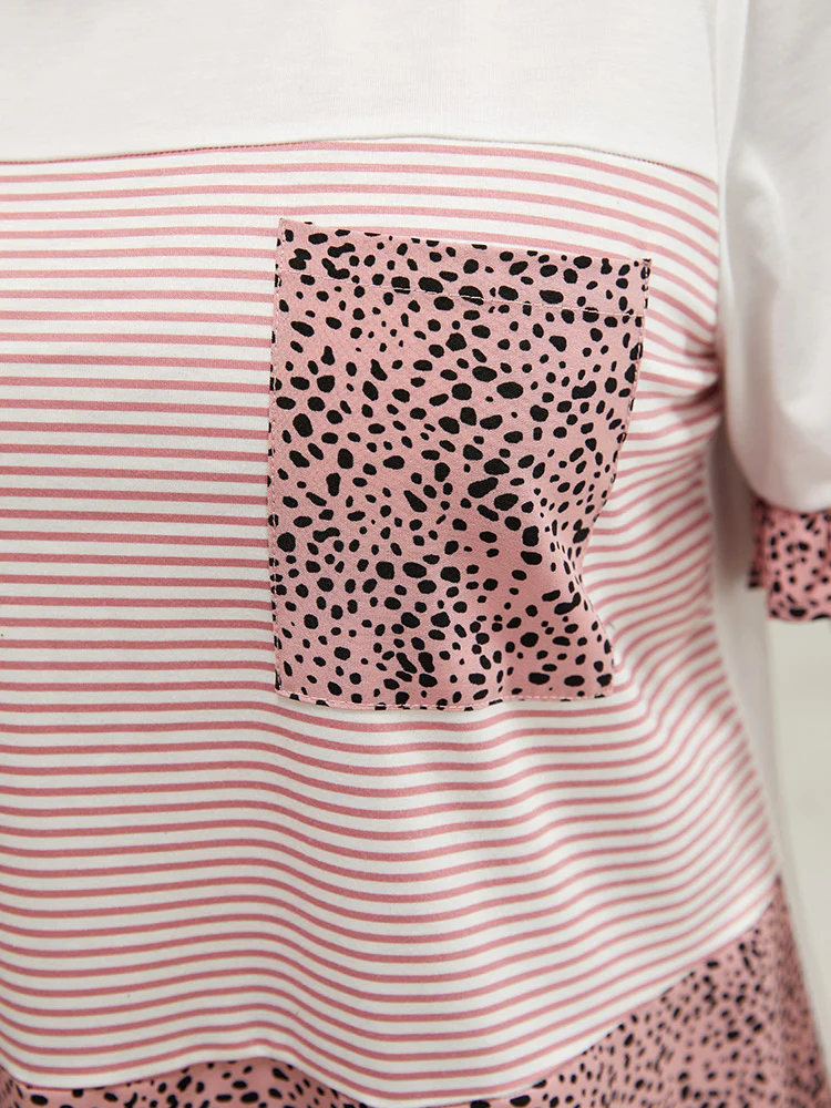 Leopard & Striped Contrast Ruffle Sleeve Pocket T-shirt - Image 7