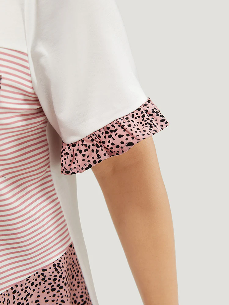 Leopard & Striped Contrast Ruffle Sleeve Pocket T-shirt - Image 8