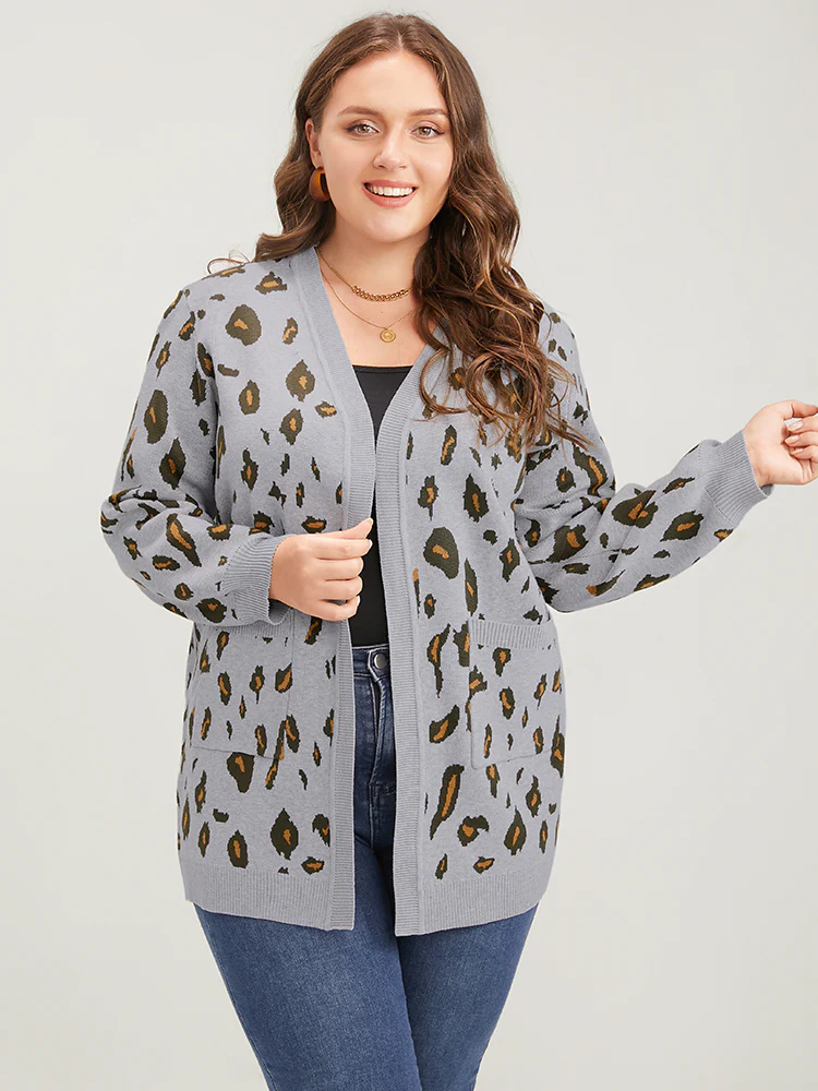 Leopard Super Soft Knit Pocket Jacquard Open Front Cardigan - Image 3