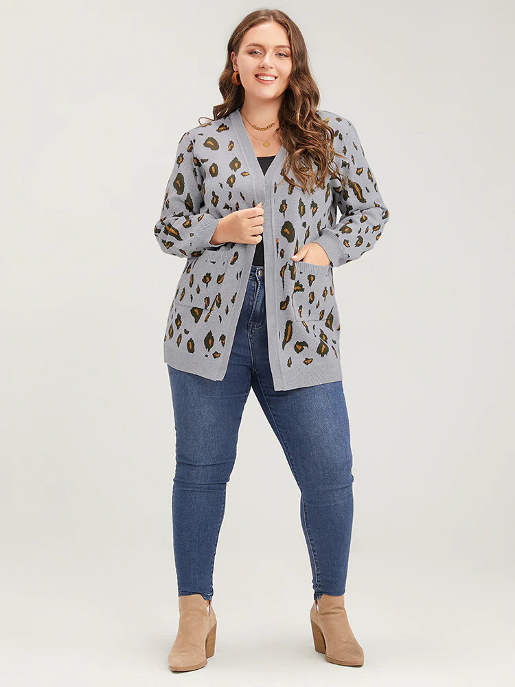 Leopard Super Soft Knit Pocket Jacquard Open Front Cardigan - Image 4