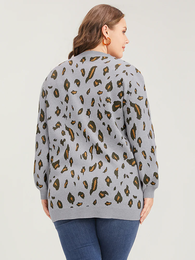 Leopard Super Soft Knit Pocket Jacquard Open Front Cardigan - Image 5