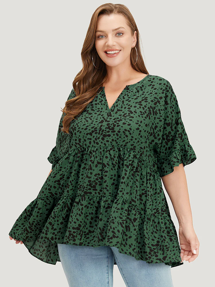 Leopard Tiered Hem Notched Ruffle Sleeve Blouse - Image 2