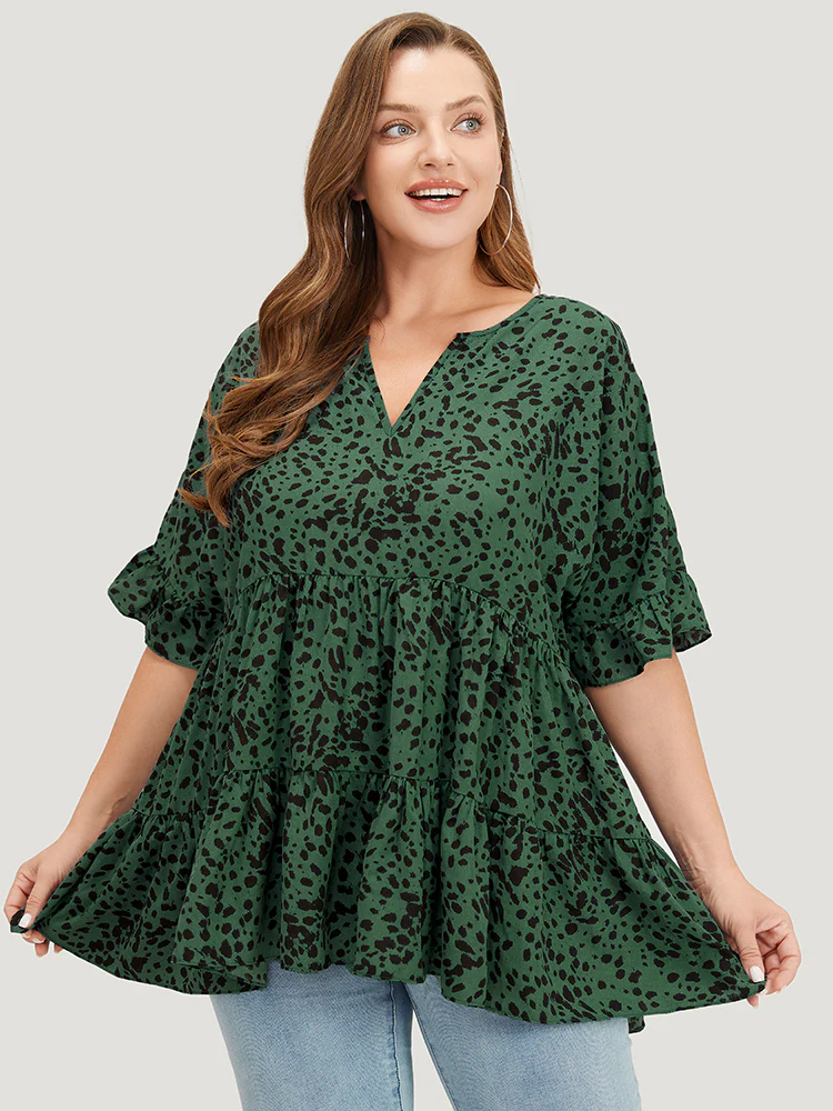 Leopard Tiered Hem Notched Ruffle Sleeve Blouse - Image 3