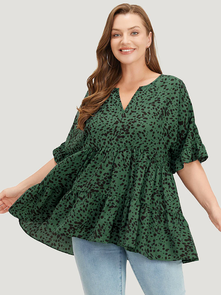 Leopard Tiered Hem Notched Ruffle Sleeve Blouse - Image 4