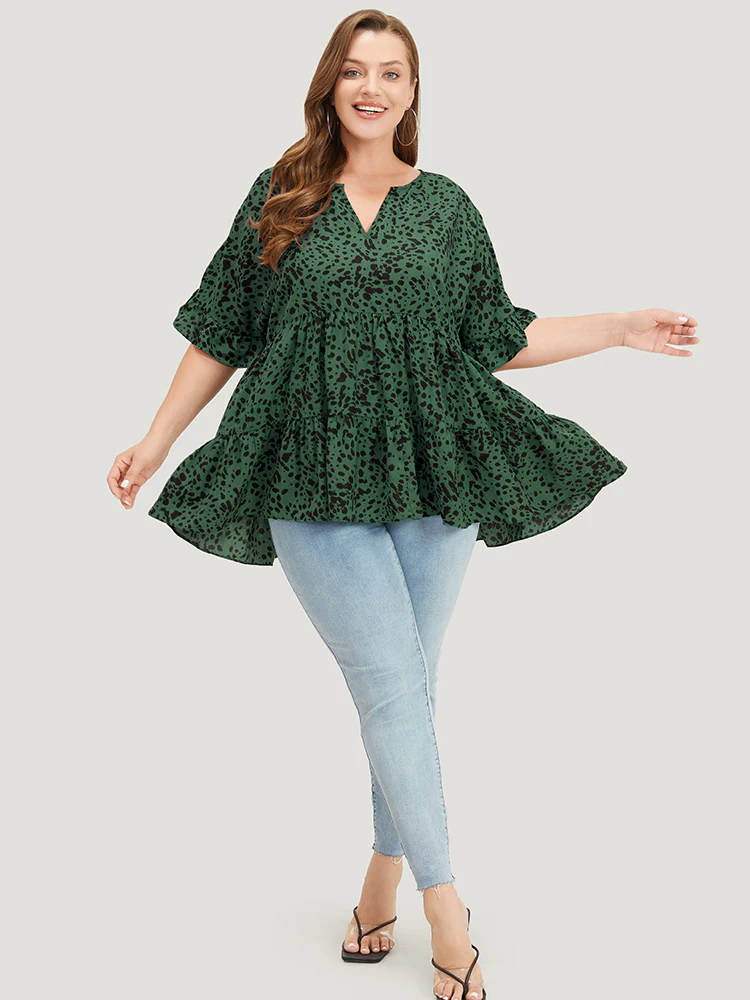 Leopard Tiered Hem Notched Ruffle Sleeve Blouse - Image 5