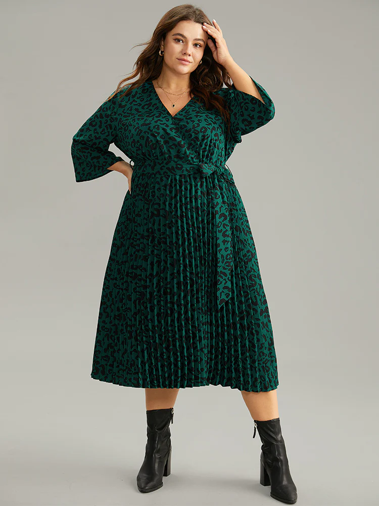 Leopard Wrap Elastic Waist Pleated Belted Dress - Image 2