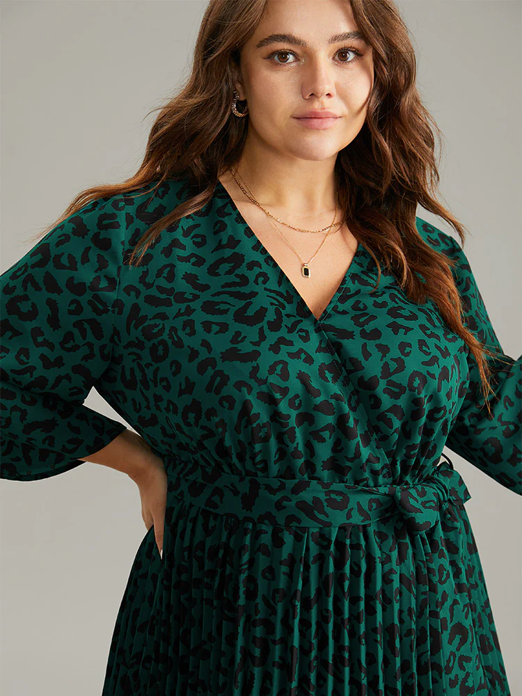 Leopard Wrap Elastic Waist Pleated Belted Dress - Image 4