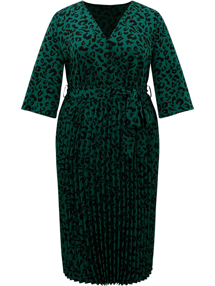 Leopard Wrap Elastic Waist Pleated Belted Dress - Image 5