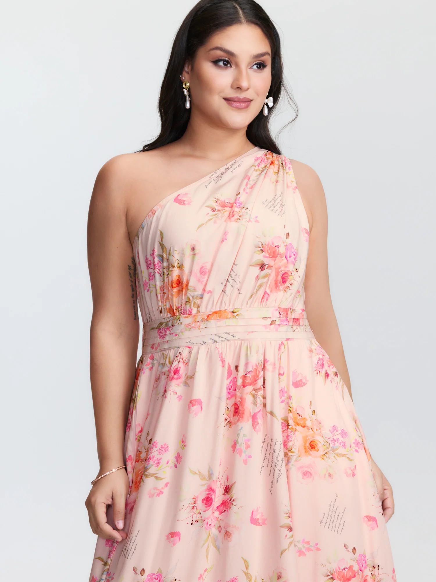 Letter Flower Print Shirred One-Shoulder Midi Dress - Image 2