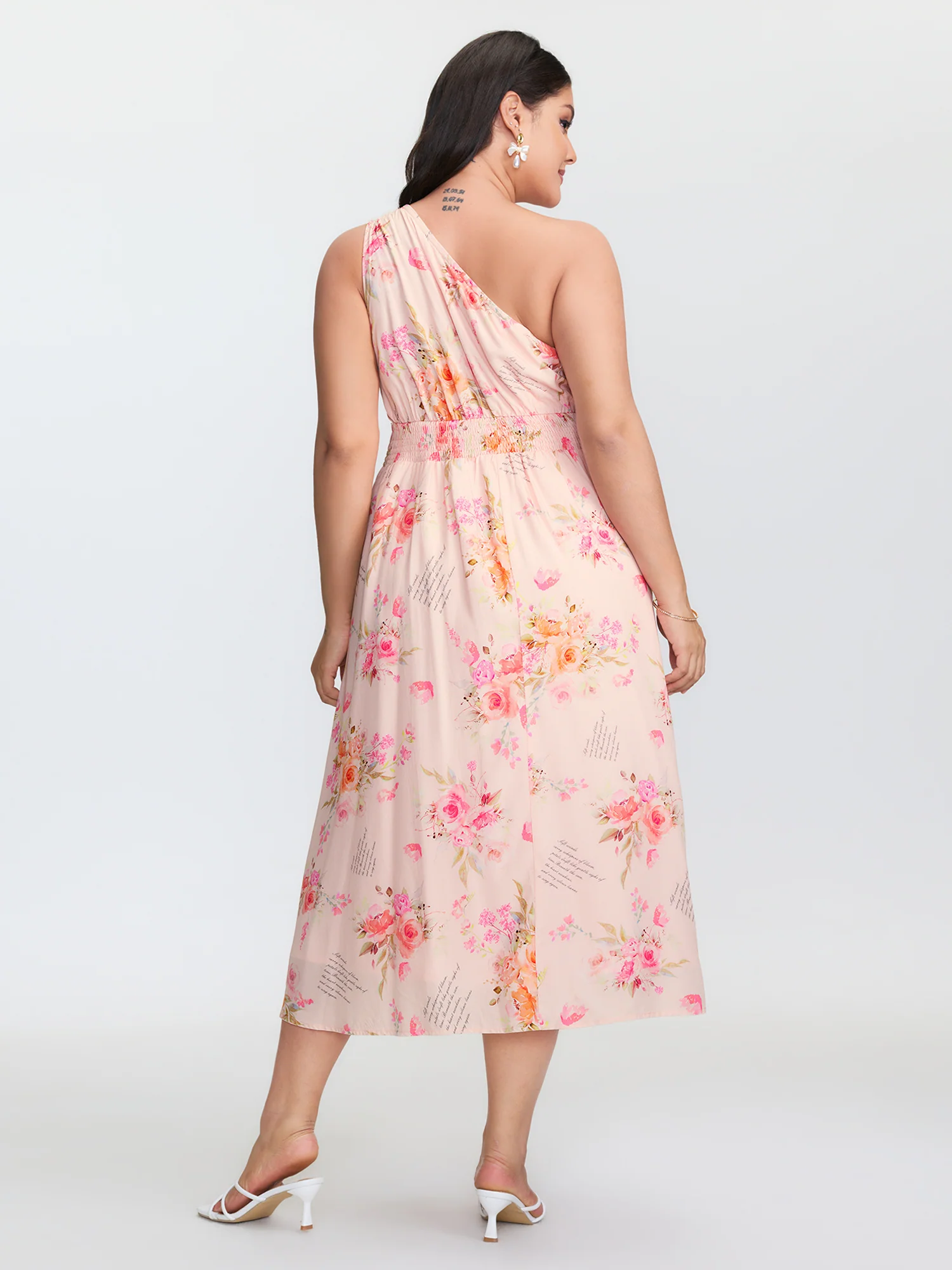 Letter Flower Print Shirred One-Shoulder Midi Dress - Image 4