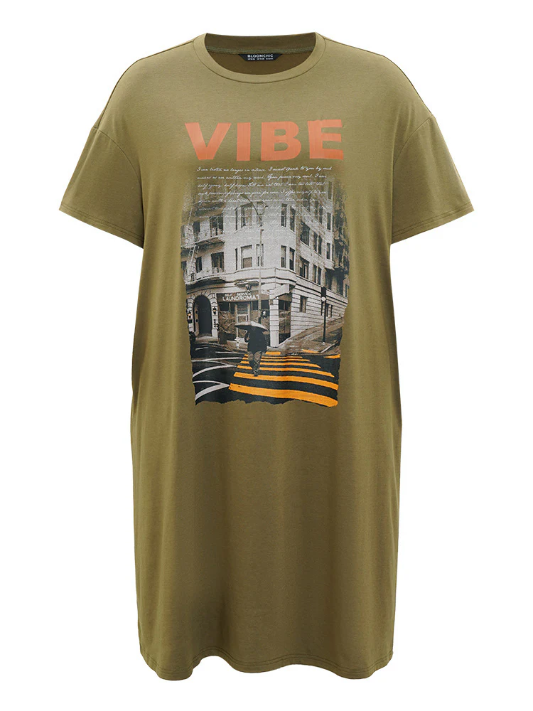 Letter & Graphic Print Pocket Crew Neck Dress - Image 10