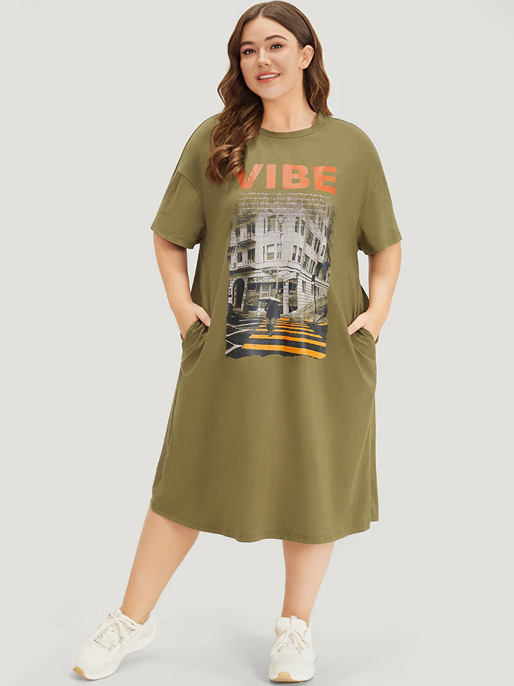 Letter & Graphic Print Pocket Crew Neck Dress - Image 2