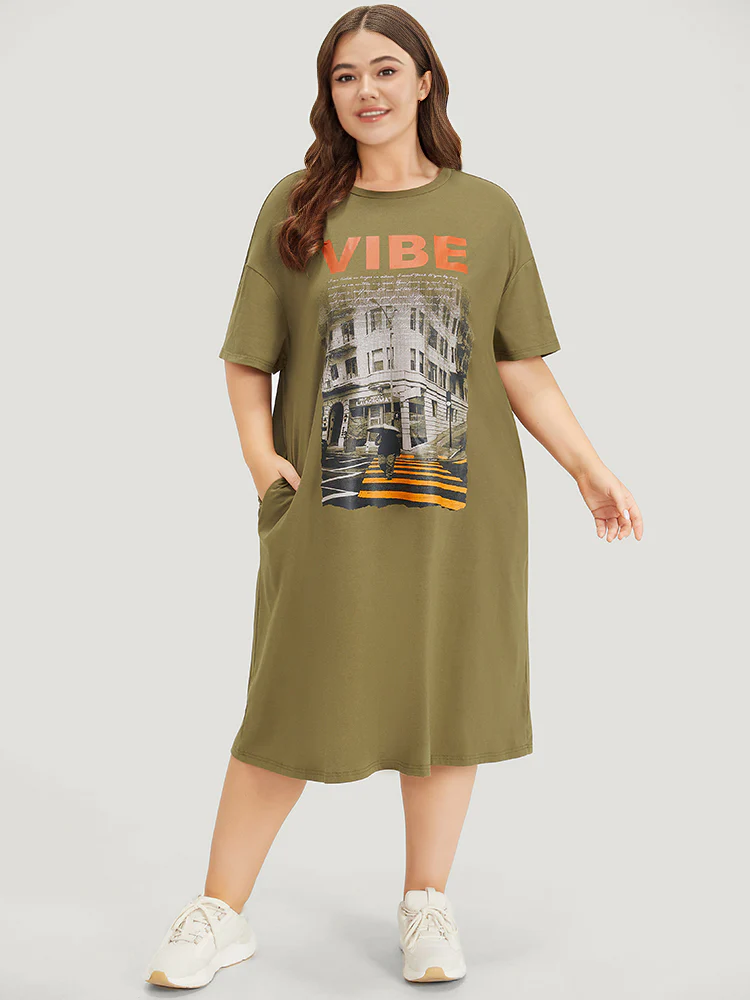 Letter & Graphic Print Pocket Crew Neck Dress - Image 3