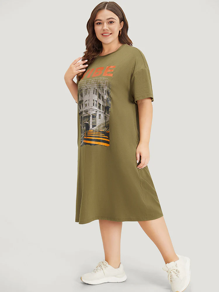 Letter & Graphic Print Pocket Crew Neck Dress - Image 4