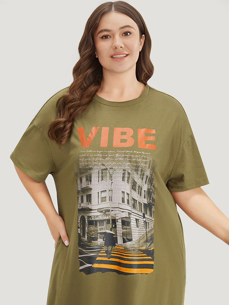 Letter & Graphic Print Pocket Crew Neck Dress - Image 6