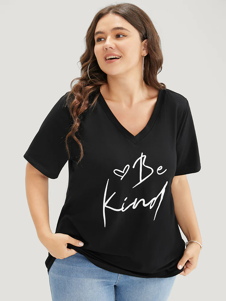 Letter & Heart Print V Neck T-shirt - Image 2