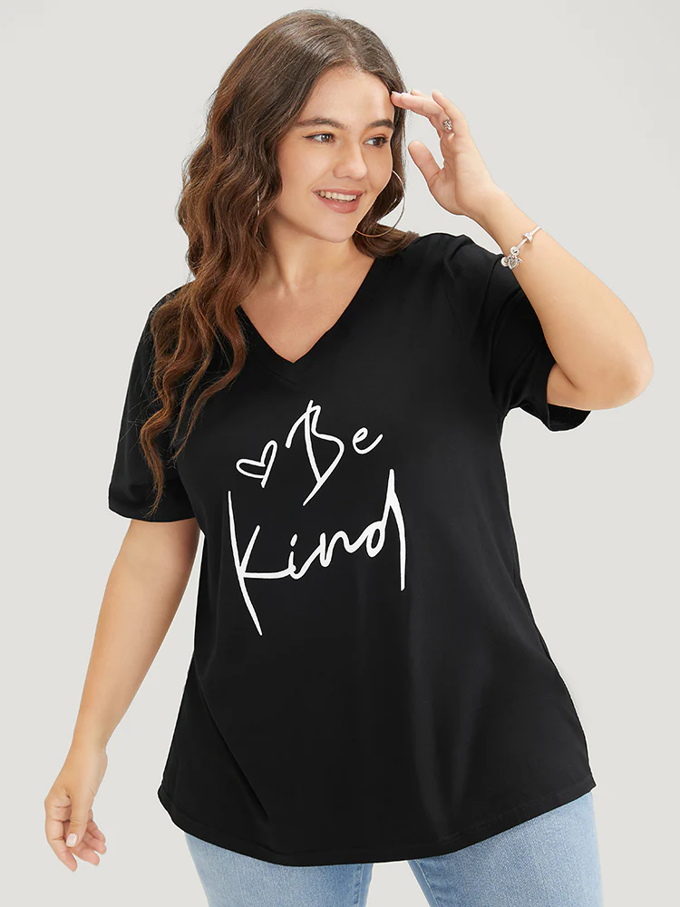 Letter & Heart Print V Neck T-shirt - Image 3