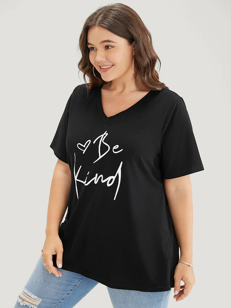Letter & Heart Print V Neck T-shirt - Image 4