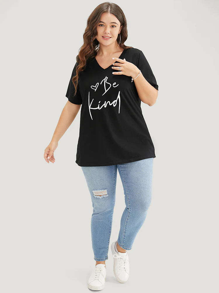 Letter & Heart Print V Neck T-shirt - Image 5