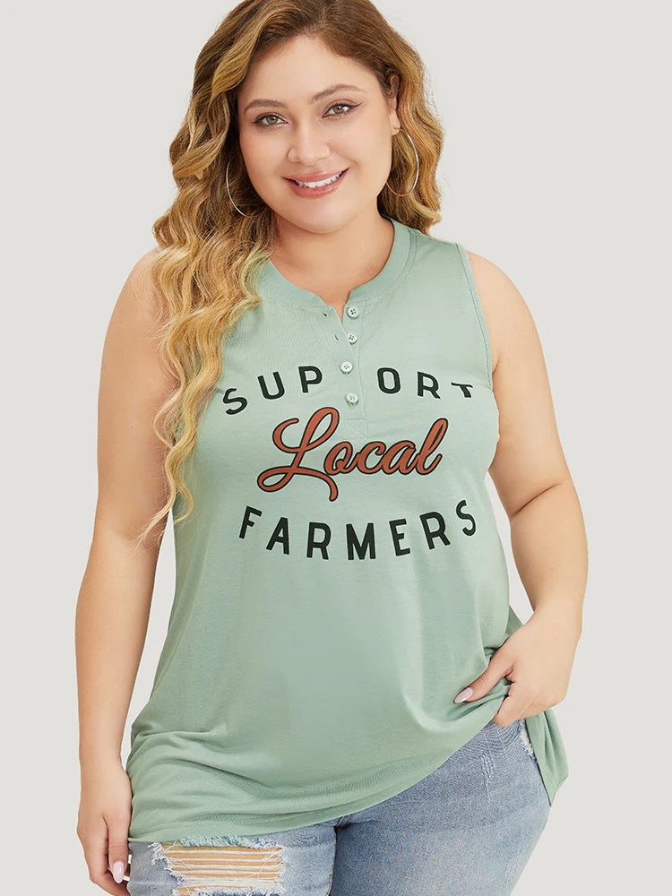 Letter Print Button Up Graphic Sleeveless Tank Top - Image 2