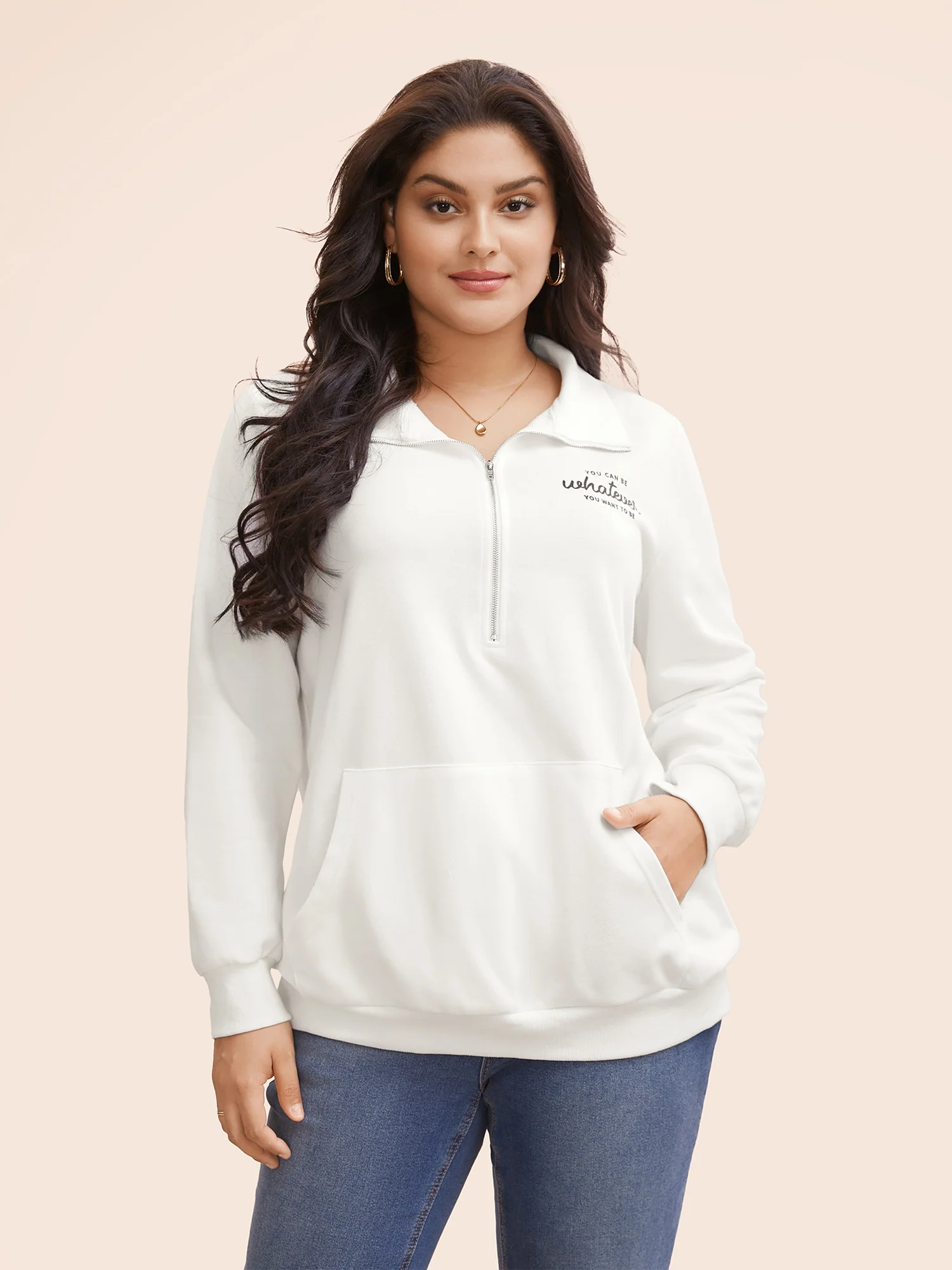Letter Print Half Zip Kangaroo Pocket Sweatshirt - Image 2