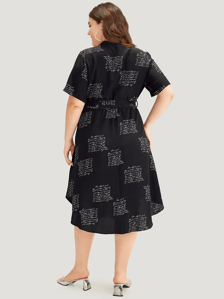 Letter Print Notched Belted Arc Hem Dress - Image 2