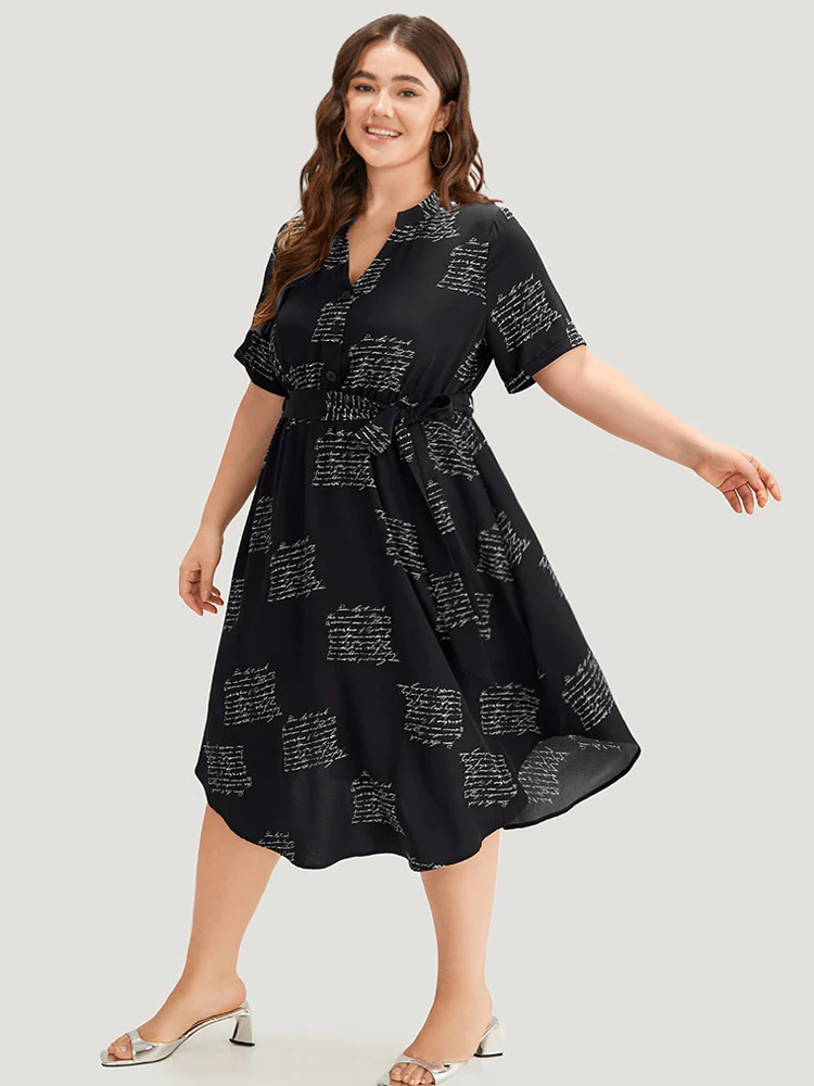 Letter Print Notched Belted Arc Hem Dress - Image 3