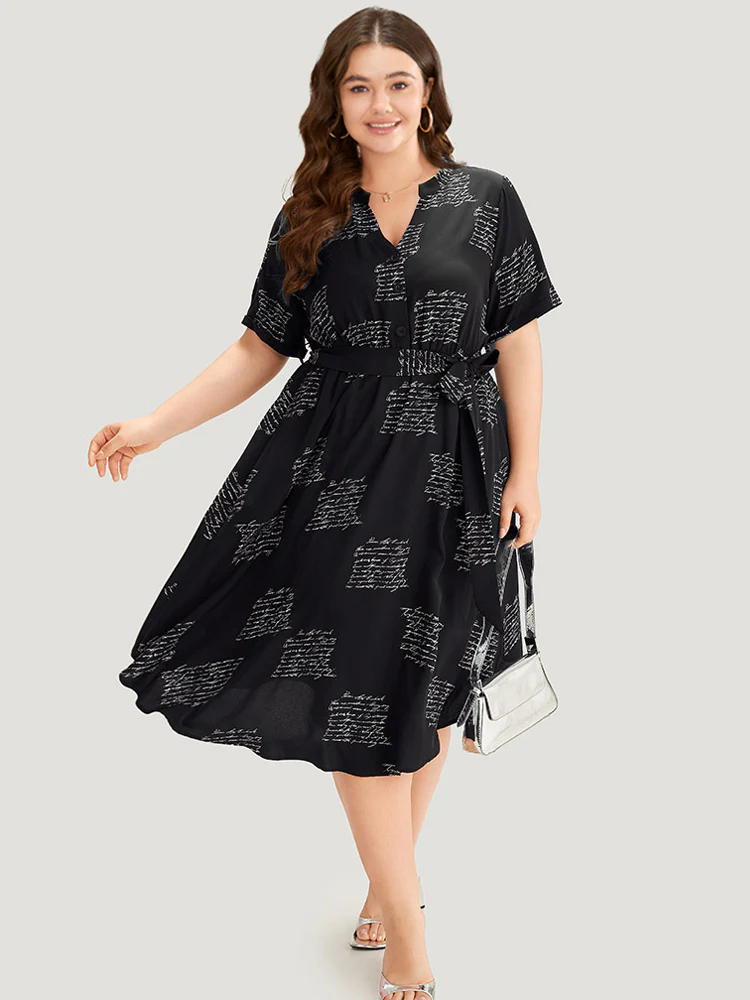 Letter Print Notched Belted Arc Hem Dress - Image 4