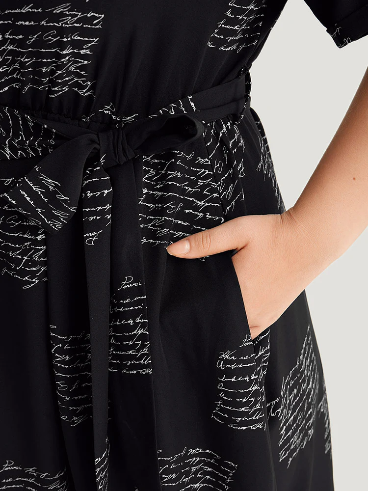 Letter Print Notched Belted Arc Hem Dress - Image 6