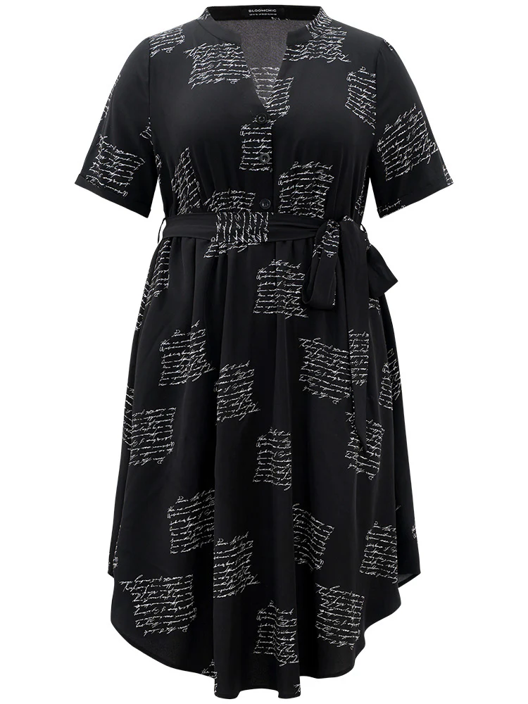 Letter Print Notched Belted Arc Hem Dress - Image 7