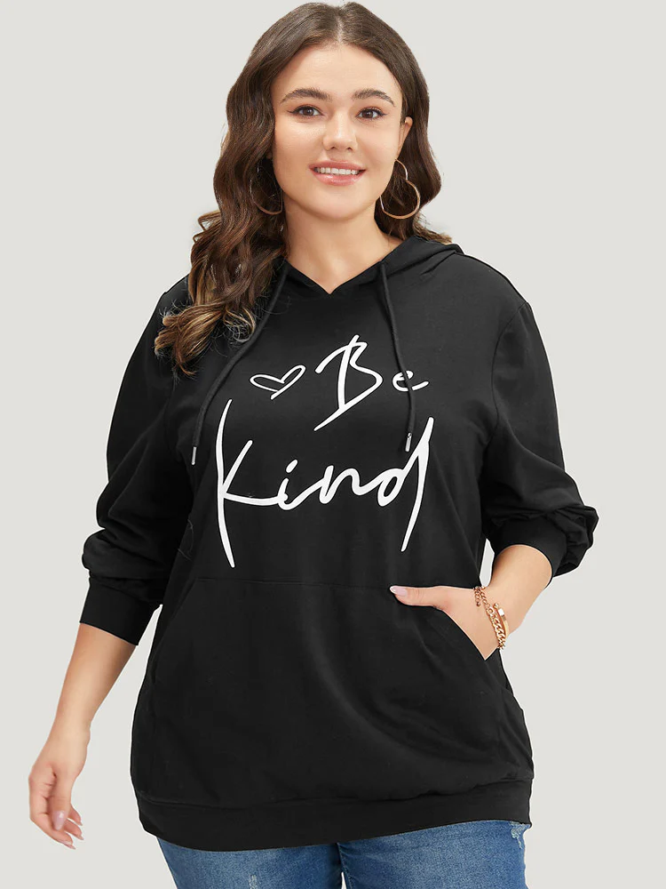 Letter Print Pocket Drawstring Hooded Sweatshirt