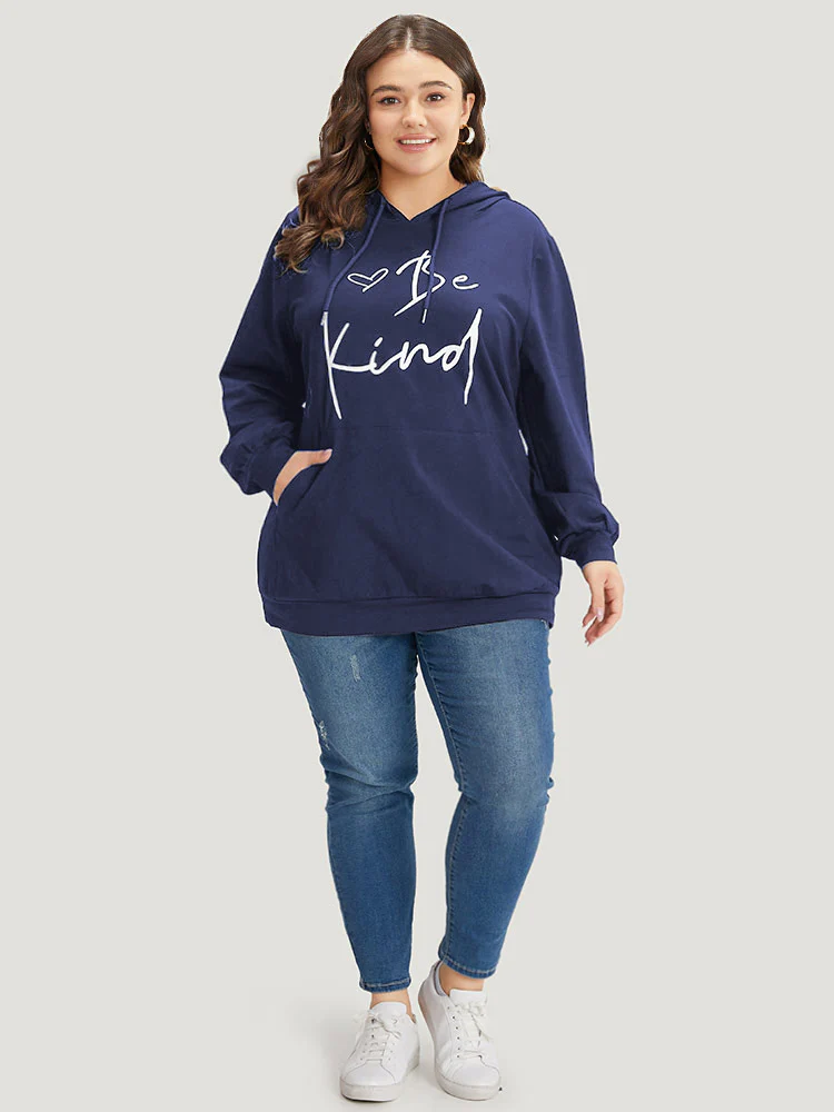 Letter Print Pocket Drawstring Hooded Sweatshirt - Image 23