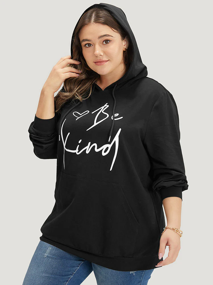 Letter Print Pocket Drawstring Hooded Sweatshirt - Image 3