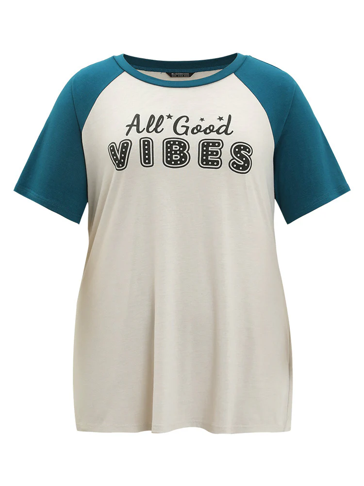 Letter Print Rhinestone Raglan Sleeve Two Tone T-shirt - Image 10
