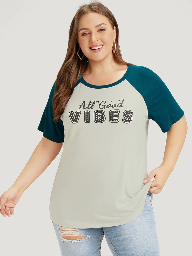 Letter Print Rhinestone Raglan Sleeve Two Tone T-shirt - Image 2