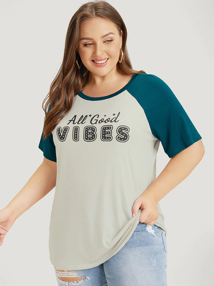 Letter Print Rhinestone Raglan Sleeve Two Tone T-shirt - Image 3