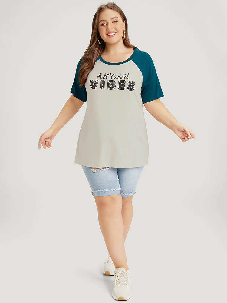 Letter Print Rhinestone Raglan Sleeve Two Tone T-shirt - Image 4