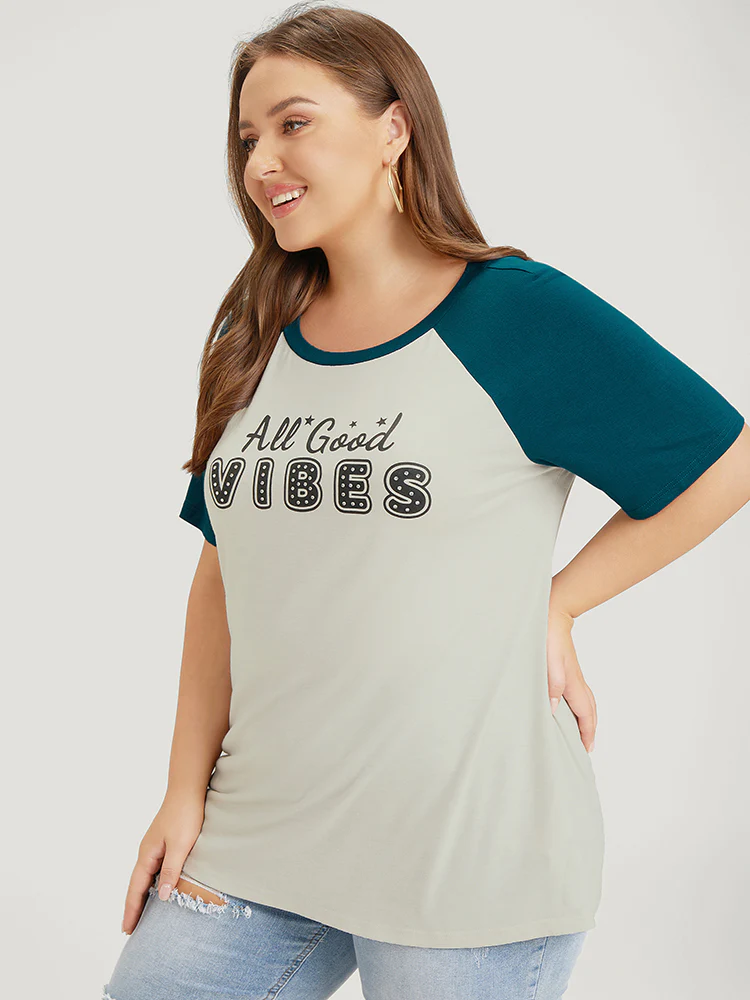 Letter Print Rhinestone Raglan Sleeve Two Tone T-shirt - Image 5