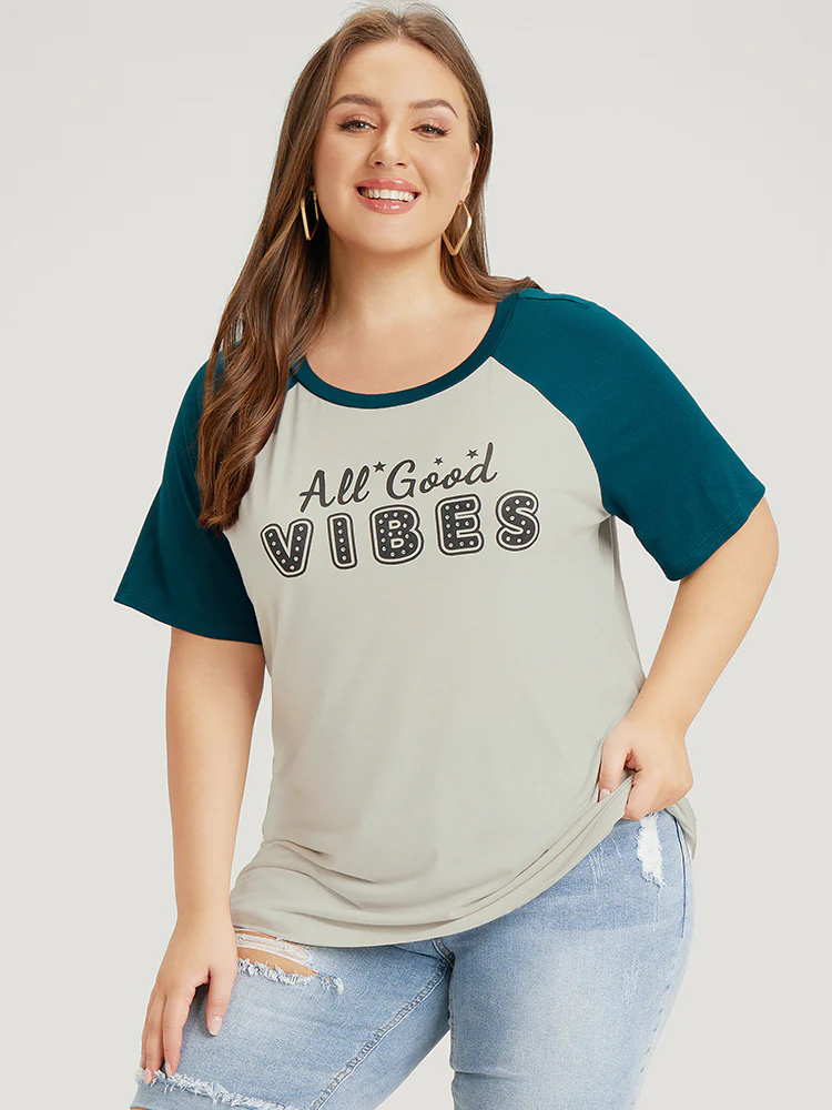 Letter Print Rhinestone Raglan Sleeve Two Tone T-shirt - Image 6