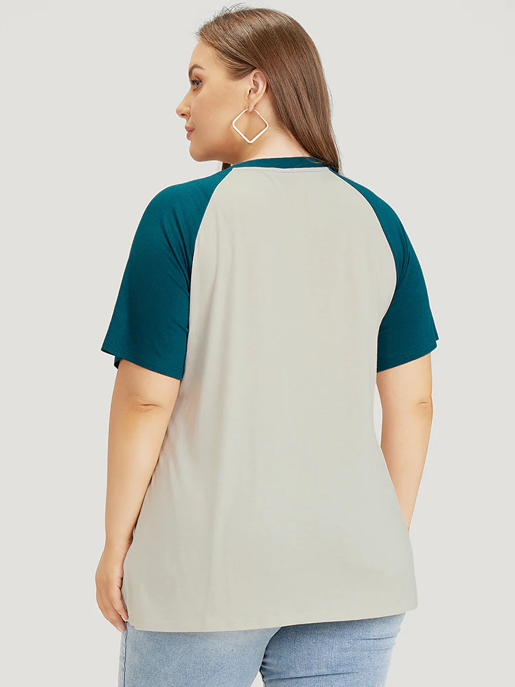 Letter Print Rhinestone Raglan Sleeve Two Tone T-shirt - Image 7
