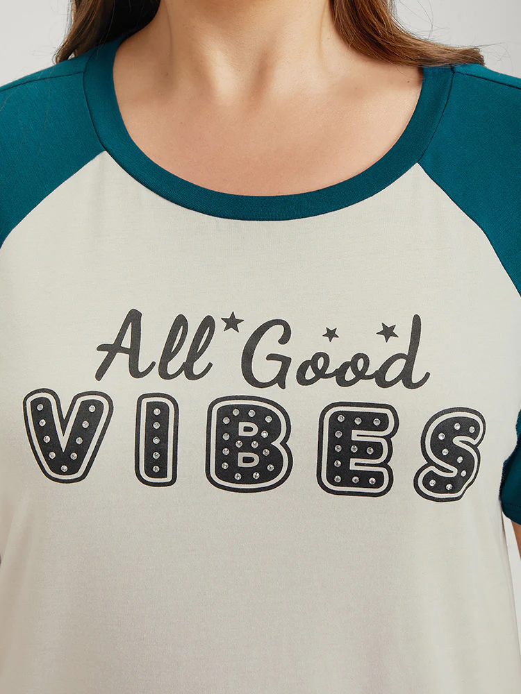 Letter Print Rhinestone Raglan Sleeve Two Tone T-shirt - Image 8