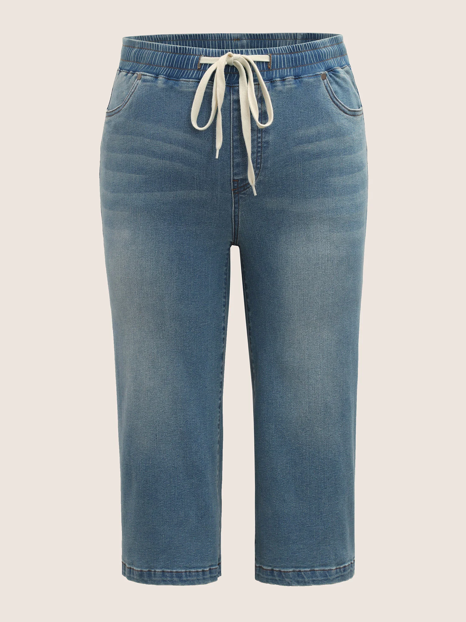 Light Wash Drawstring Cropped Wide Leg Jeans - Image 7