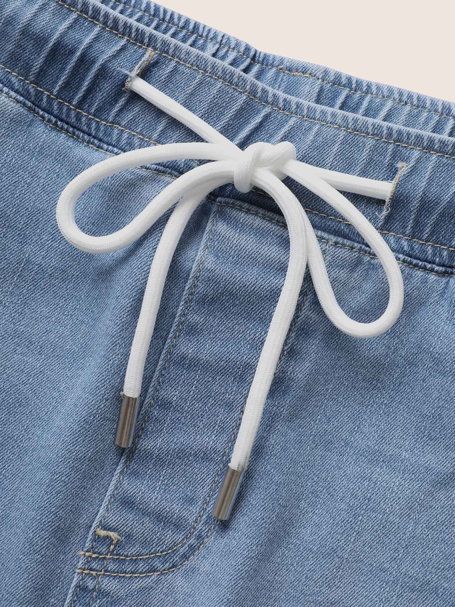 Light Wash Elastic Waist Drawstring Denim Shorts - Image 6