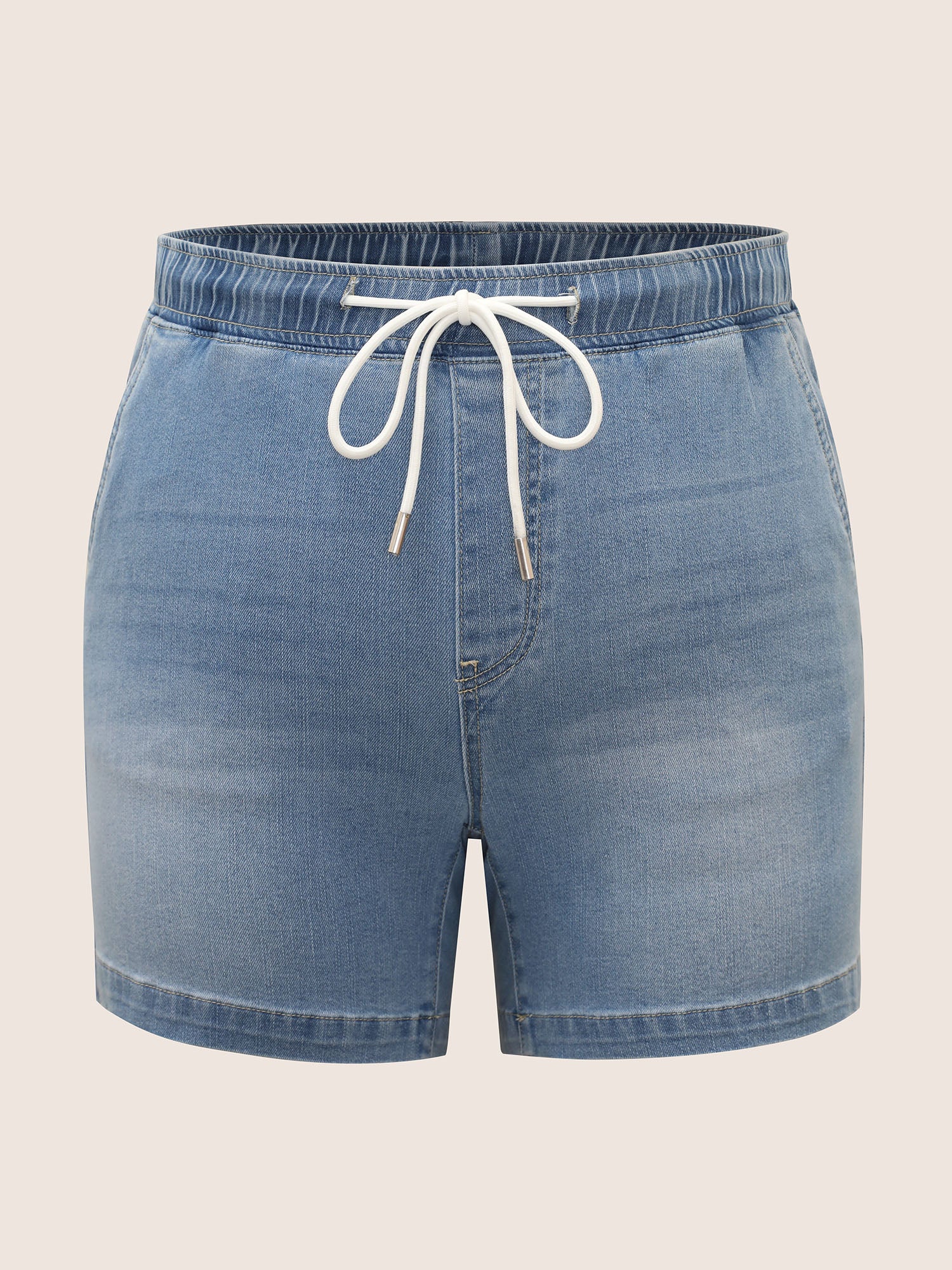 Light Wash Elastic Waist Drawstring Denim Shorts - Image 7