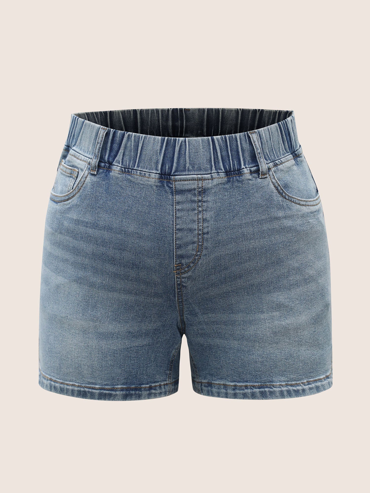 Light Wash Slit Hem Elastic Waist Denim Shorts - Image 7